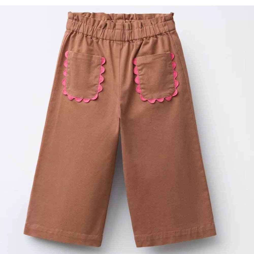 Zara Kids Wide-Leg Rust Brown Pants with Pink Scallop Trim